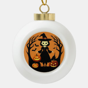 Halloween-Hexe mit Kürbissen in einer unheimlichen Keramik Kugel-Ornament