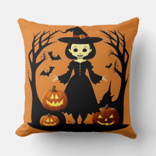 Halloween-Hexe mit Kürbissen in einer unheimlichen Kissen