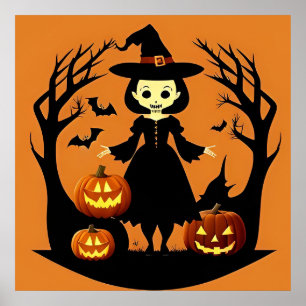 Halloween-Hexe mit Kürbissen in einer unheimlichen Poster