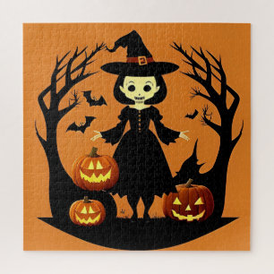 Halloween-Hexe mit Kürbissen in einer unheimlichen Puzzle