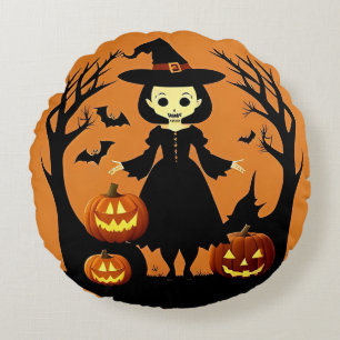 Halloween-Hexe mit Kürbissen in einer unheimlichen Rundes Kissen