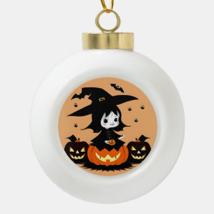 Halloween-Hexe mit Kürbissen Keramik Kugel-Ornament