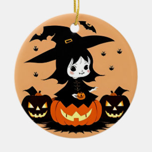 Halloween-Hexe mit Kürbissen Keramik Ornament