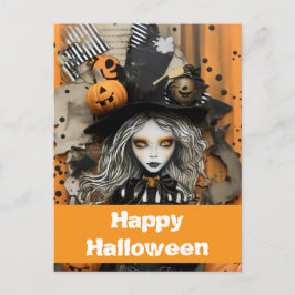Halloween-Hexe mit Kürbissen Postkarte