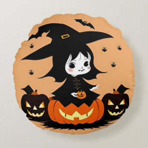 Halloween-Hexe mit Kürbissen Rundes Kissen