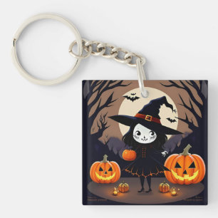 Halloween-Hexe mit Kürbissen Schlüsselanhänger