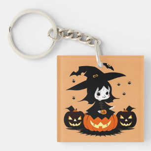 Halloween-Hexe mit Kürbissen Schlüsselanhänger