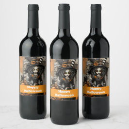 Halloween-Hexe mit Kürbissen Weinetikett