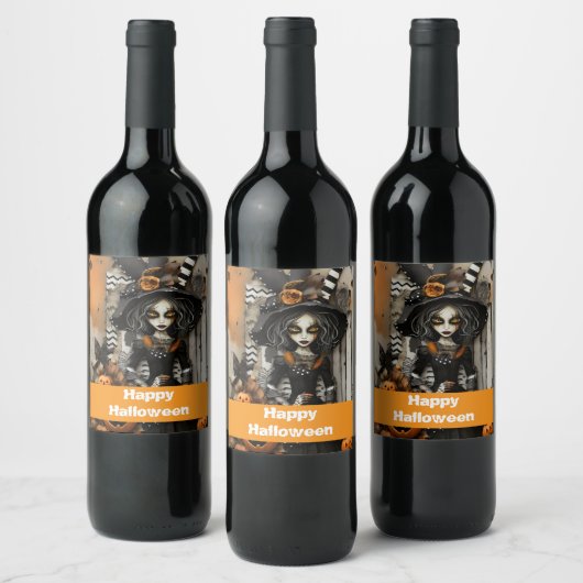 Halloween-Hexe mit Kürbissen Weinetikett (Flaschen)