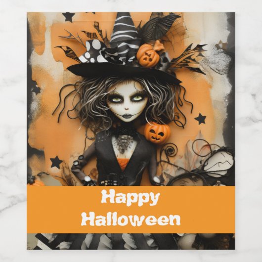 Halloween-Hexe mit Kürbissen Weinetikett (Einzelnes Label)