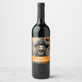 Halloween-Hexe mit Kürbissen Weinetikett