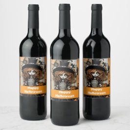 Halloween-Hexe mit Kürbissen Weinetikett