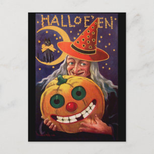 Halloween-Hexe mit lustigem Kürbis Postkarte