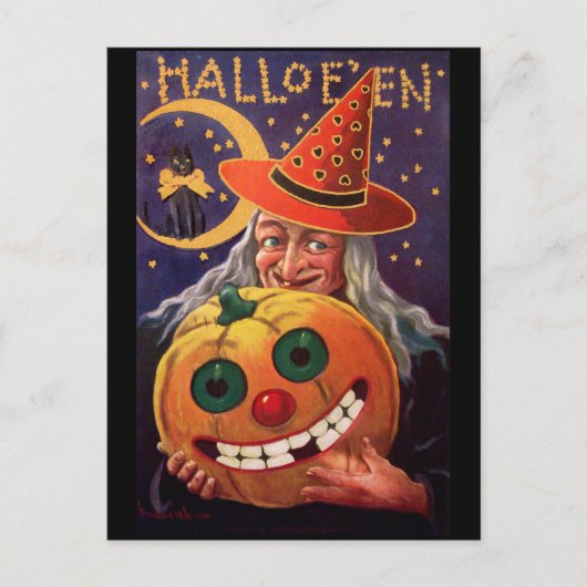 Halloween-Hexe mit lustigem Kürbis Postkarte (Vorderseite)