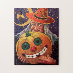 Halloween-Hexe mit lustigem Kürbis Puzzle