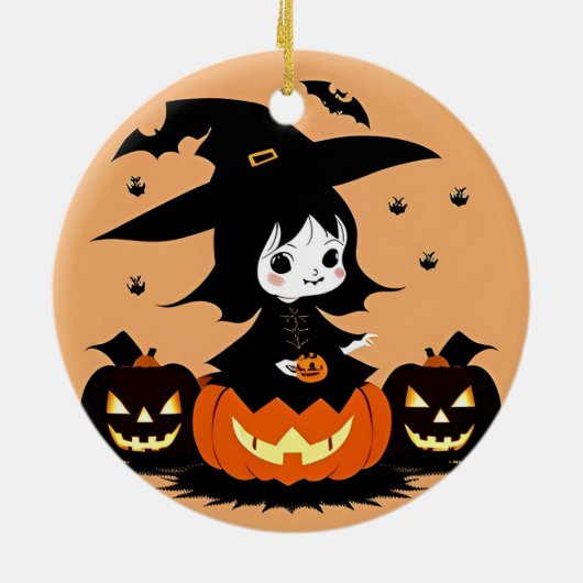 Halloween Hexe mit Pumpkins Keramik Ornament (Hinten)