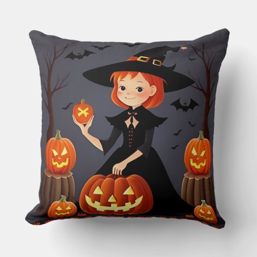 Halloween Hexe mit Pumpkins Kissen (Vorderseite)