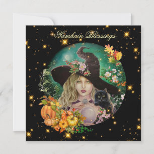 Halloween-Hexe mit schwarzem Kätzchen Grußkarte  Karte