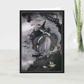 Halloween Hexe mit Schwarzer Katze und Fledermäuse Karte (Vorderseite)