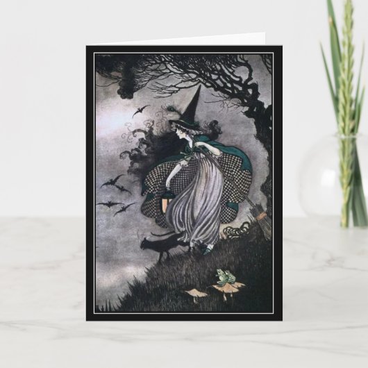 Halloween Hexe mit Schwarzer Katze und Fledermäuse Karte (Vorderseite)