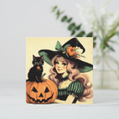 Halloween Hexe mit Schwarzer Katze und Jack-o-Late Karte (Stehend Vorderseite)