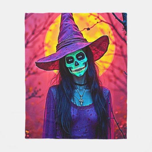 Halloween Hexe mit Skull Face Design Fleecedecke (Vorderseite)