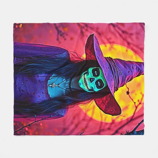 Halloween Hexe mit Skull Face Design Fleecedecke (Vorderseite (Horizontal))