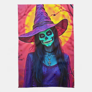 Halloween Hexe mit Skull Face Design Geschirrtuch