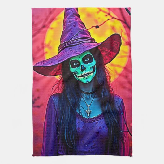 Halloween Hexe mit Skull Face Design Geschirrtuch (Vertikal)
