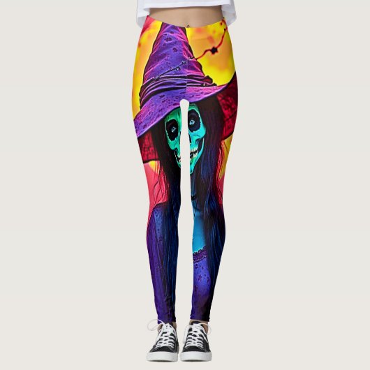 Halloween Hexe mit Skull Face Design Leggings (Vorderseite)