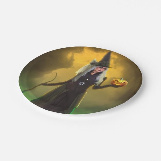 Halloween Hexe mit Stock Pappteller (Schrägansicht)