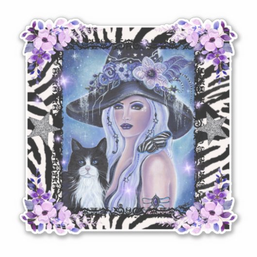 Halloween Hexe mit tuxedo cat By Renee L Aufkleber (Vorderseite)