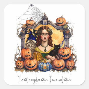 Halloween Hexe mit Zitat Quadratischer Aufkleber