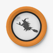 Halloween Hexe & schwarze Katze auf Orange & Weiß Pappteller (Vorderseite)