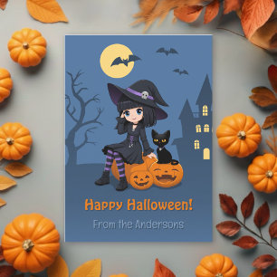 Halloween Hexe, schwarze Katze, gebogene Kürbisse Feiertagskarte