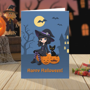 Halloween-Hexe, schwarze Katze und gebogene Kürbis Karte