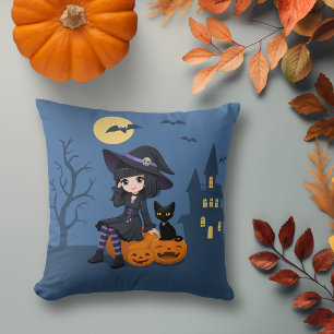 Halloween-Hexe, schwarze Katze und gebogene Kürbis Kissen