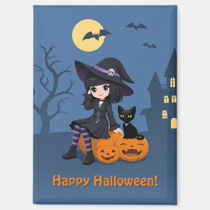 Halloween-Hexe, schwarze Katze und gebogene Kürbis Magnet