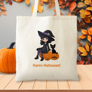Halloween-Hexe, schwarze Katze und gebogene Kürbis Tragetasche