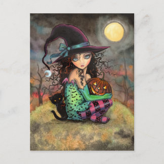 Halloween Hexe schwarze Katze und Kürbis Postkarte
