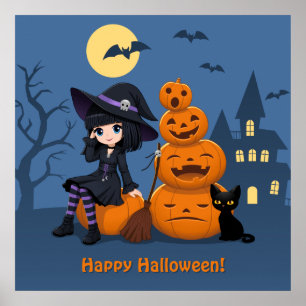 Halloween-Hexe, schwarze Katze und Kürbisse Poster