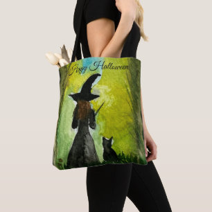 Halloween Hexe Schwarze Katze Wasserfarbe Modern  Tasche