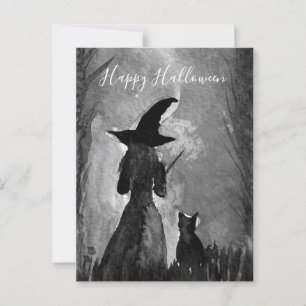 Halloween Hexe schwarze Katzenfrau Zauber Postkarte