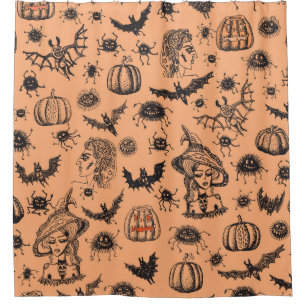 Halloween Hexe Silhouette: Cartoon Muster. Duschvorhang
