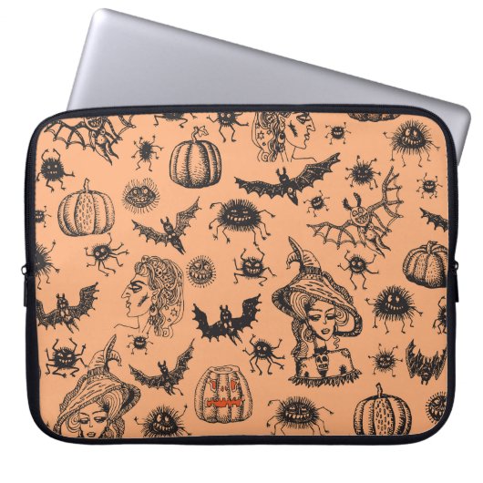 Halloween Hexe Silhouette: Cartoon Muster. Laptopschutzhülle (Vorderseite)
