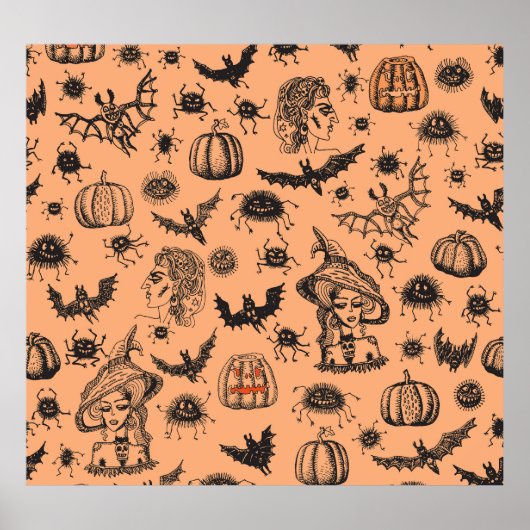 Halloween Hexe Silhouette: Cartoon Muster. Poster (Vorne)