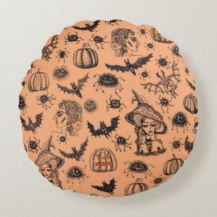 Halloween Hexe Silhouette: Cartoon Muster. Rundes Kissen