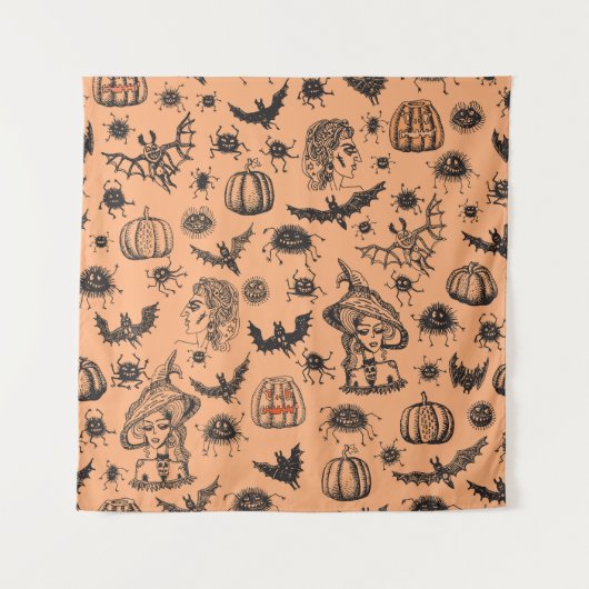 Halloween Hexe Silhouette: Cartoon Muster. Wandteppich (Vorderseite)