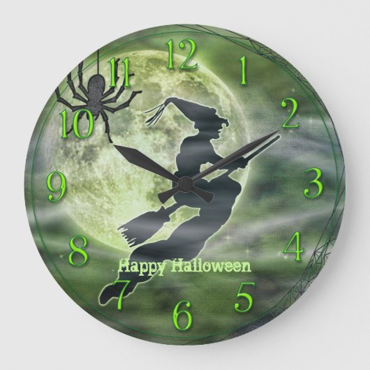 Halloween Hexe Silhouette mit Spider Große Wanduhr (Vorderseite)