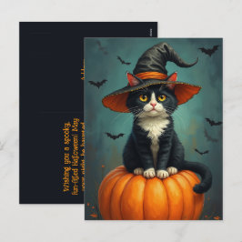 Halloween Hexe Tuxedo Katze auf einem Kürbis Feiertagspostkarte